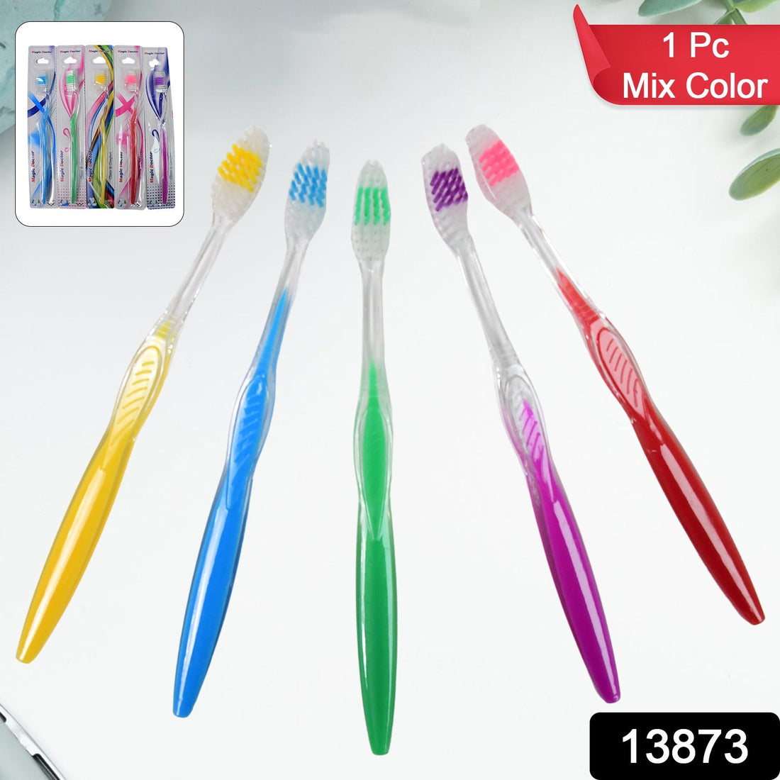 Soft plastic toothbrush in vibrant mixed colours, ideal for daily use.