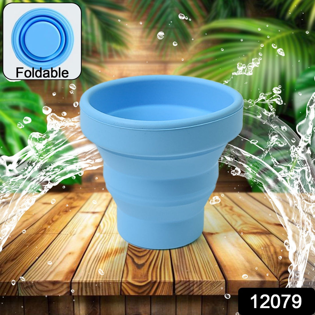 Foldable silicone travel mug in blue, collapsed and expanded, showing its portable design.