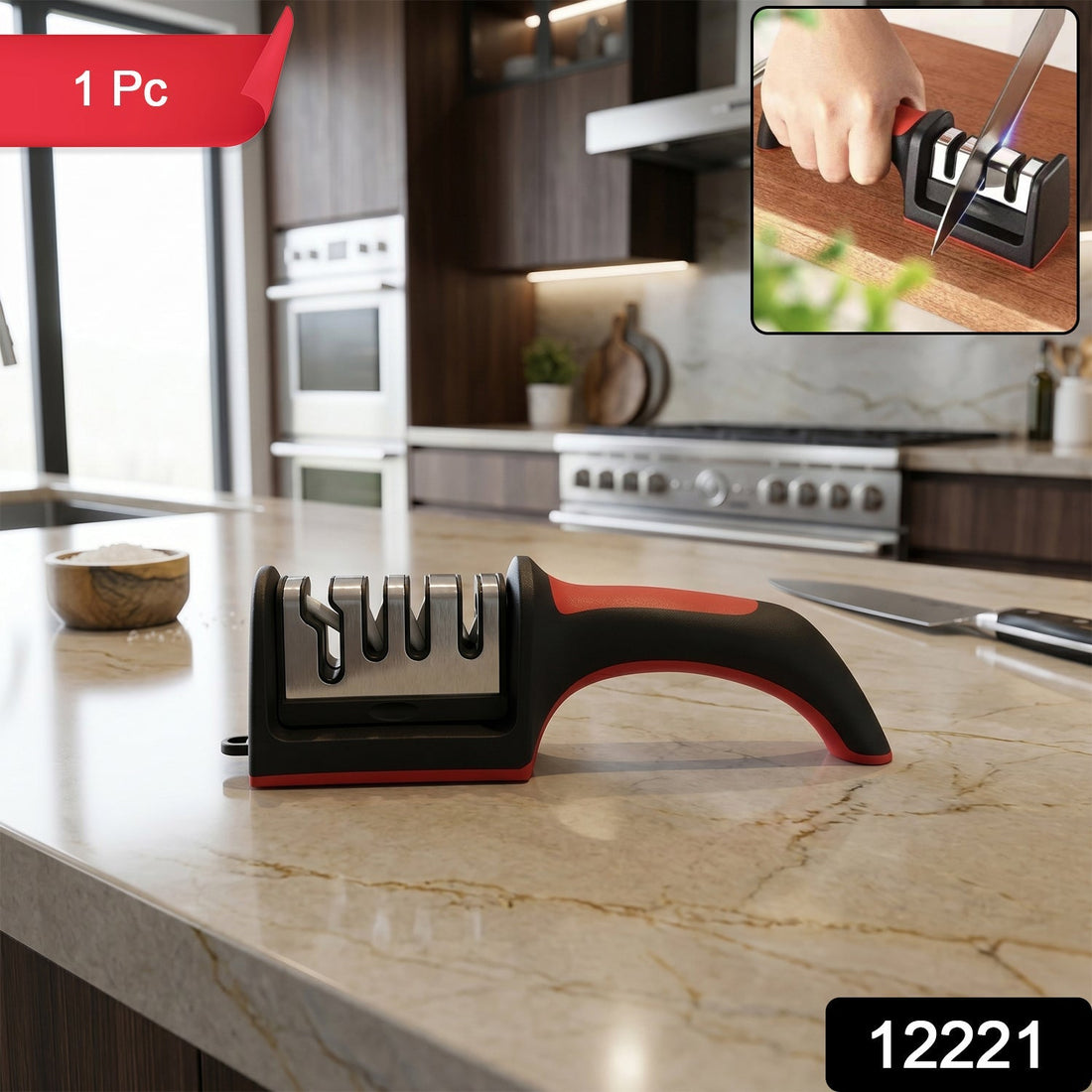 4-stage manual knife sharpener, durable plastic and metal construction