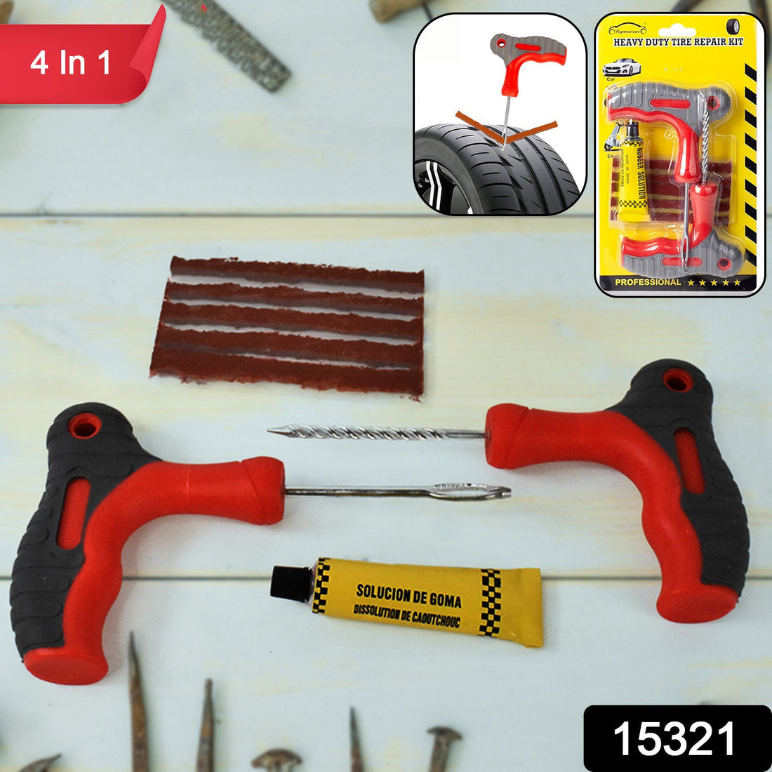 Tubeless tyre puncture repair kit with 4-in-1 tool set laid out