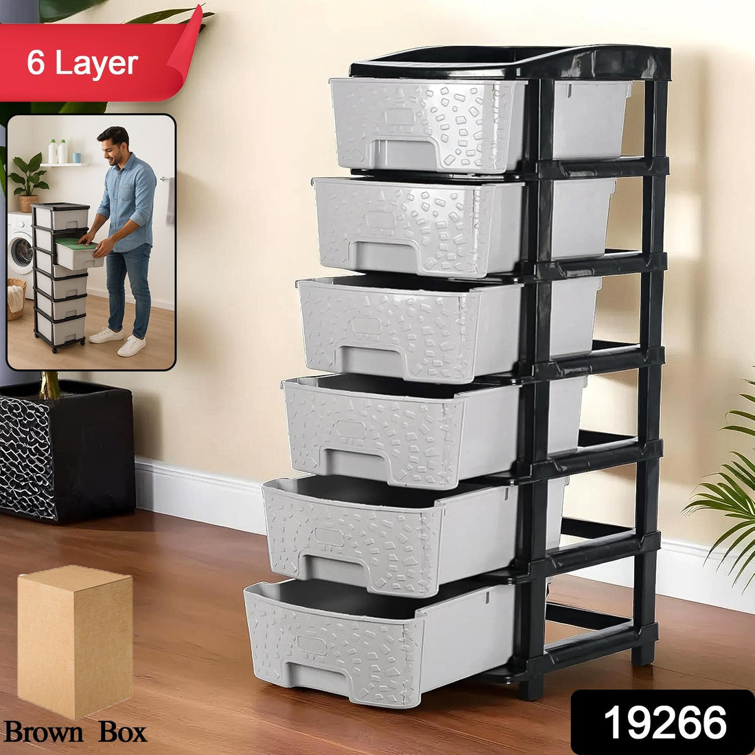 6-layer plastic drawer organizer cabinet with stone texture grey drawers and black frame
