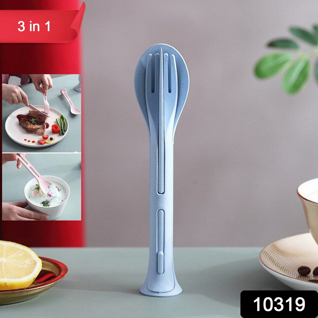 A complete 3-in-1 reusable cutlery set, featuring a spoon, fork, and knife, neatly arranged for travel.