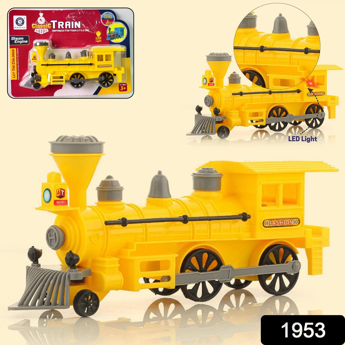 Vibrant Pull Back Train Toy with LED lights illuminated, side view.