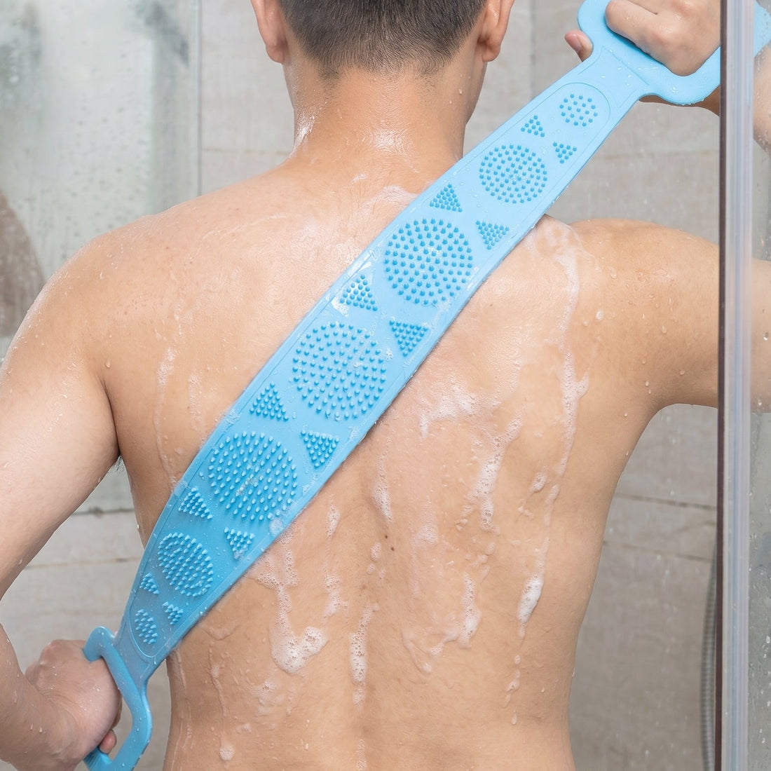 Main view of silicone back scrubber belt with dual handles