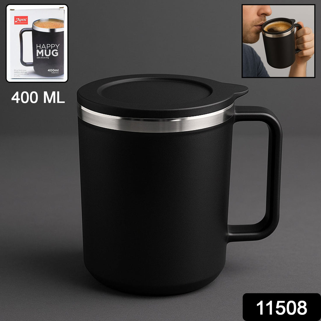 Black 400ml insulated coffee mug with handle and silicone lid on a clean background.
