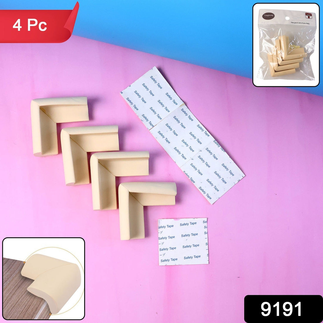 Soft foam corner protector cushioning a sharp table edge for child safety