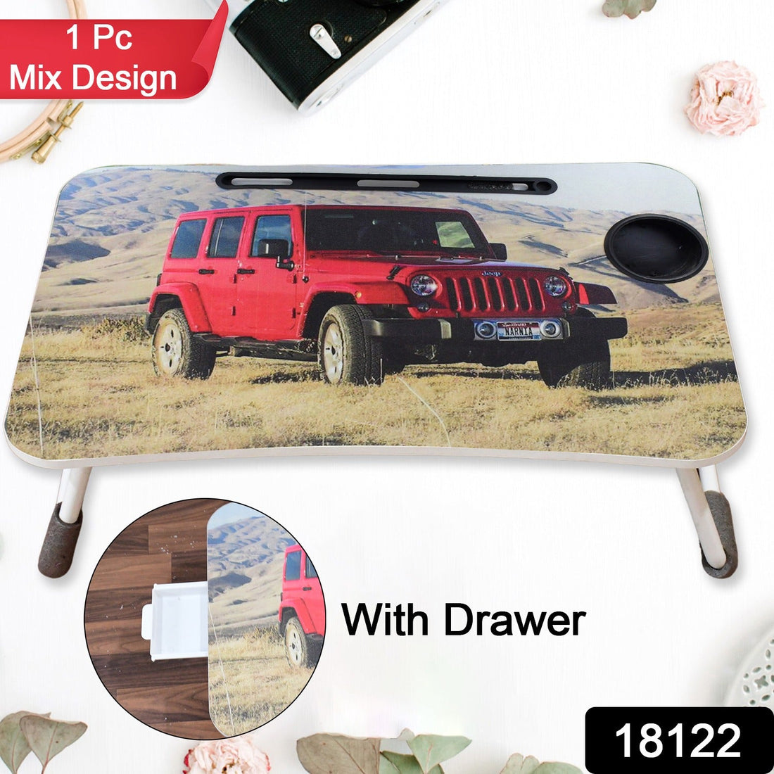 Foldable laptop desk with cupholder and drawer, perfect for studying.