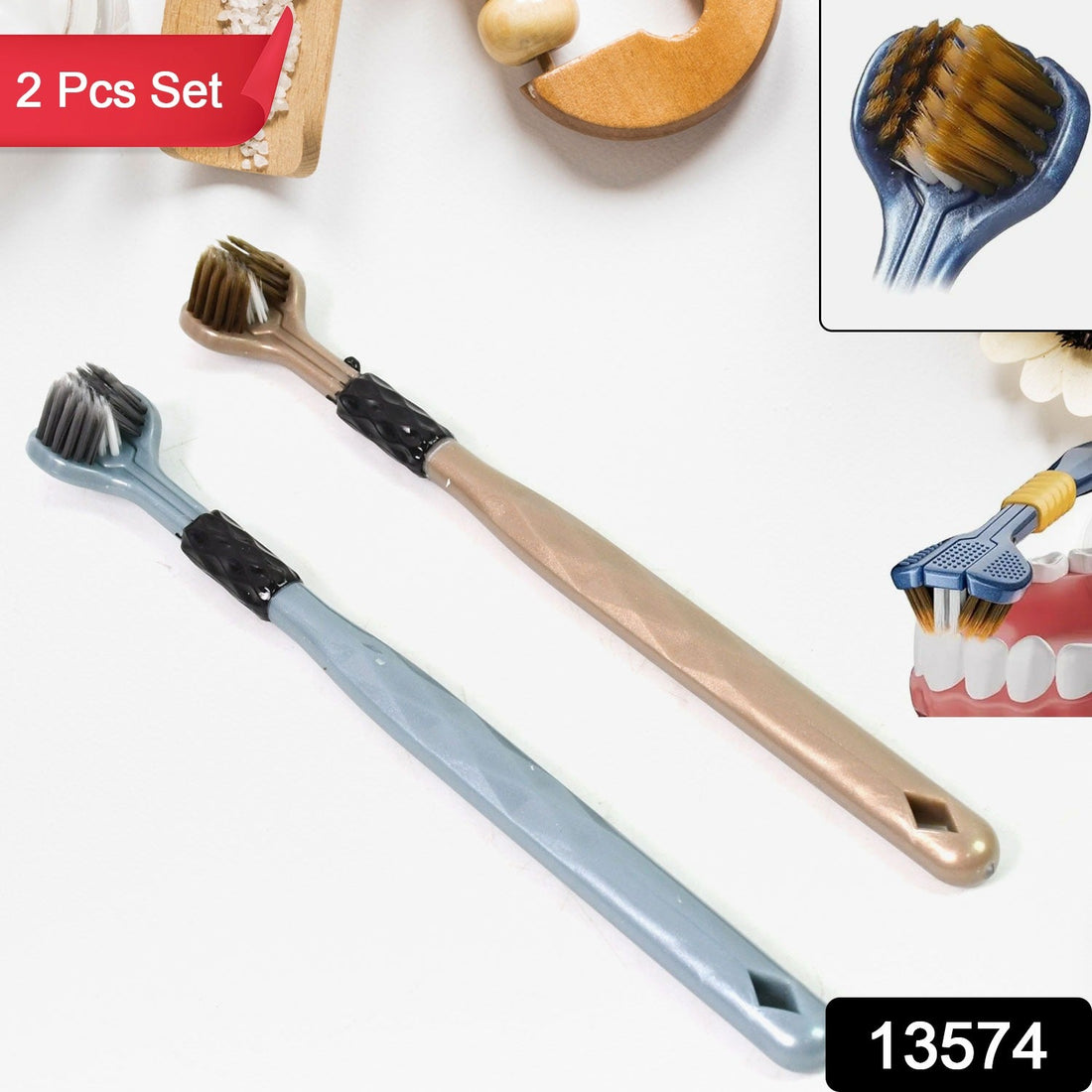 3-Sided Toothbrush with soft bristles, front view, in a set of two.
