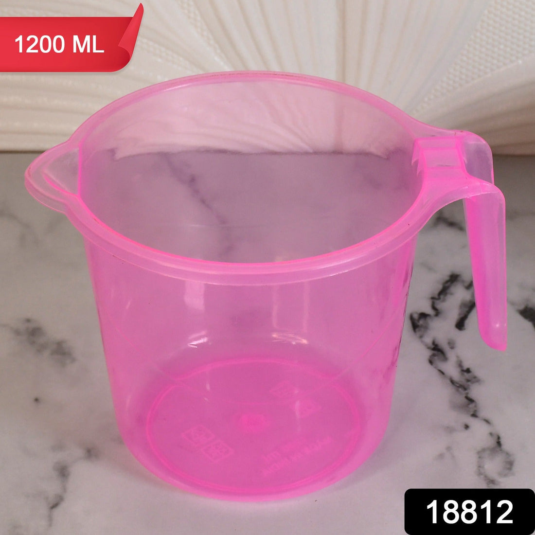 Transparent 1200ml bath water mug from Bathora, ready for use in a clean bathroom.