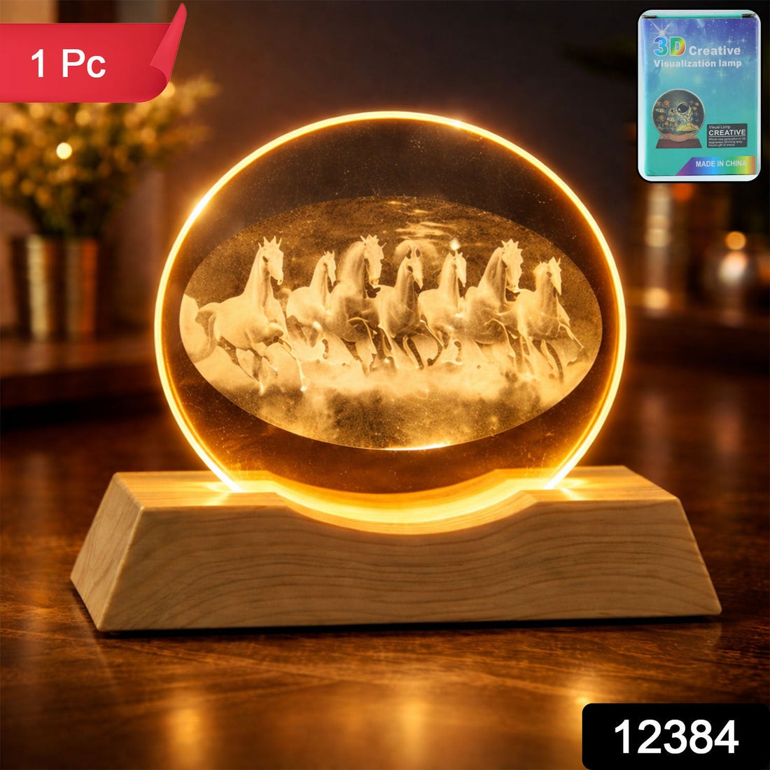 3D crystal LED table lamp shining bright with running horses design