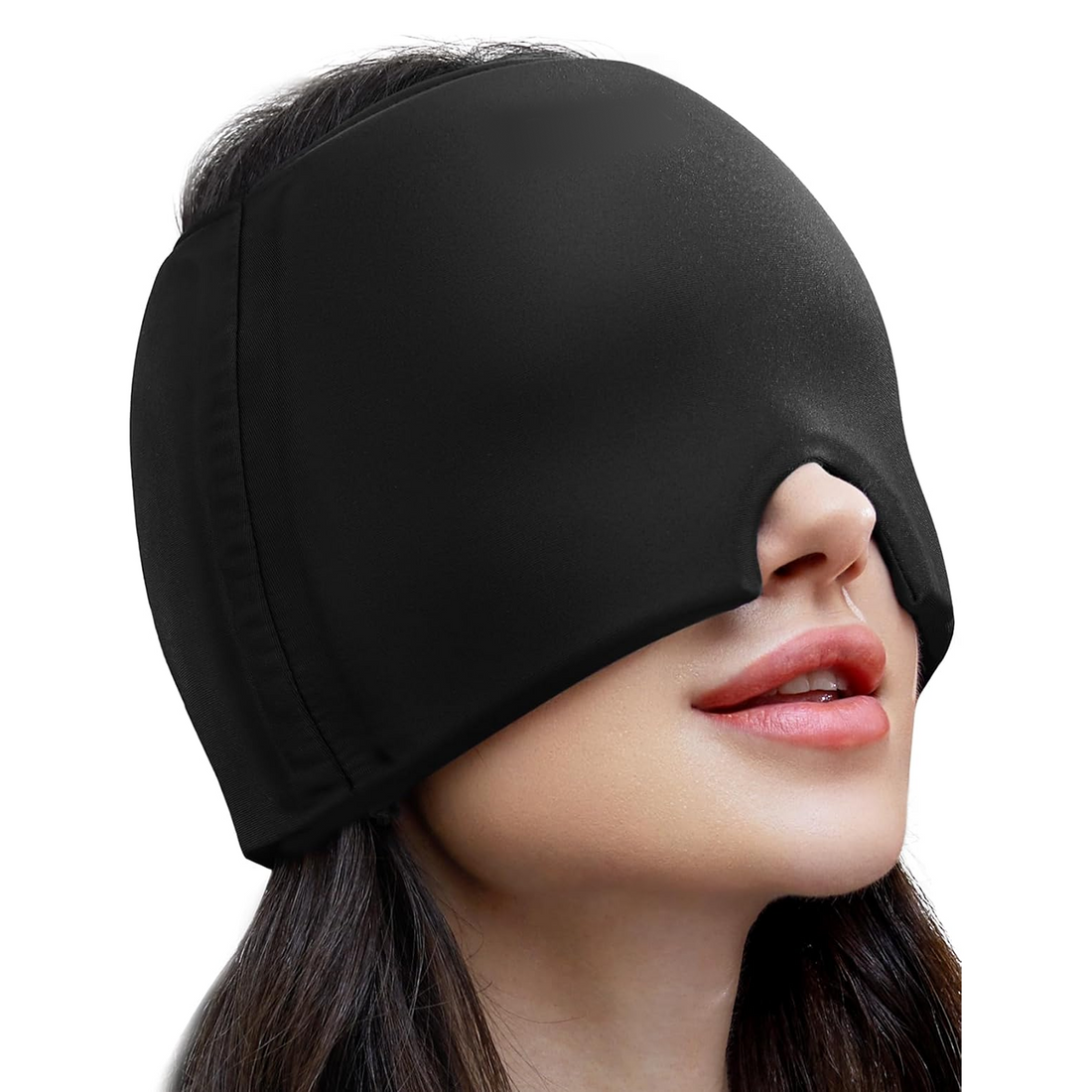Migraine Relief Cap in use, providing cool comfort on a person's head.