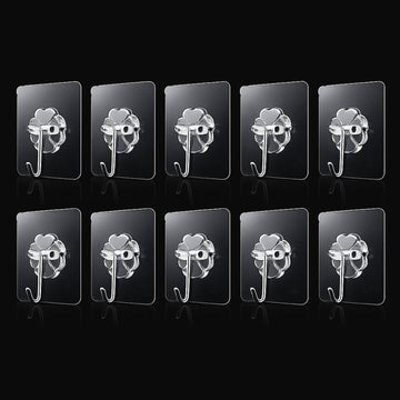 Transparent adhesive wall hooks 10pc set on white background
