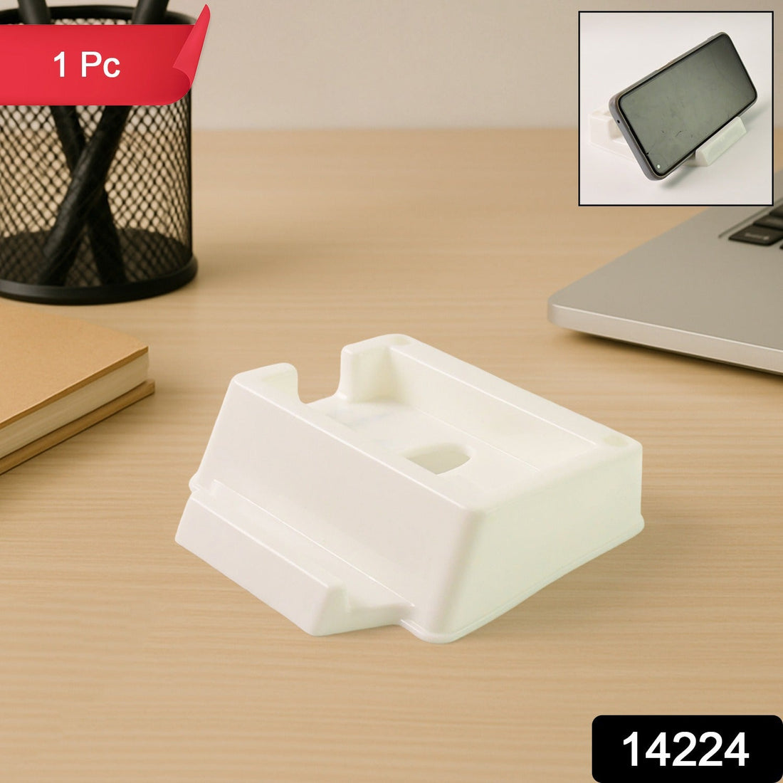 Plastic mobile phone stand mounted on wall with mobile and remote