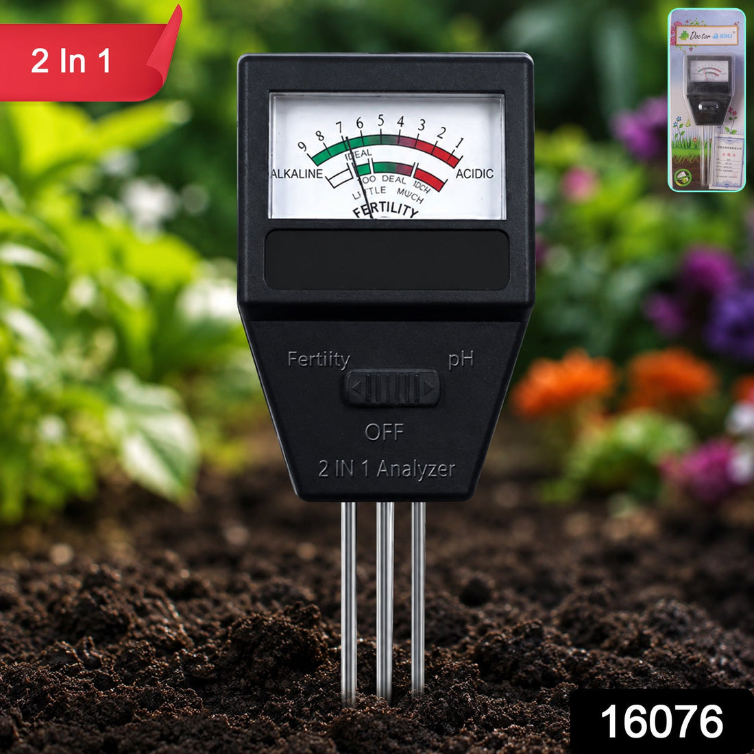 Main image showing 2 in 1 soil meter probe inserted in garden soil