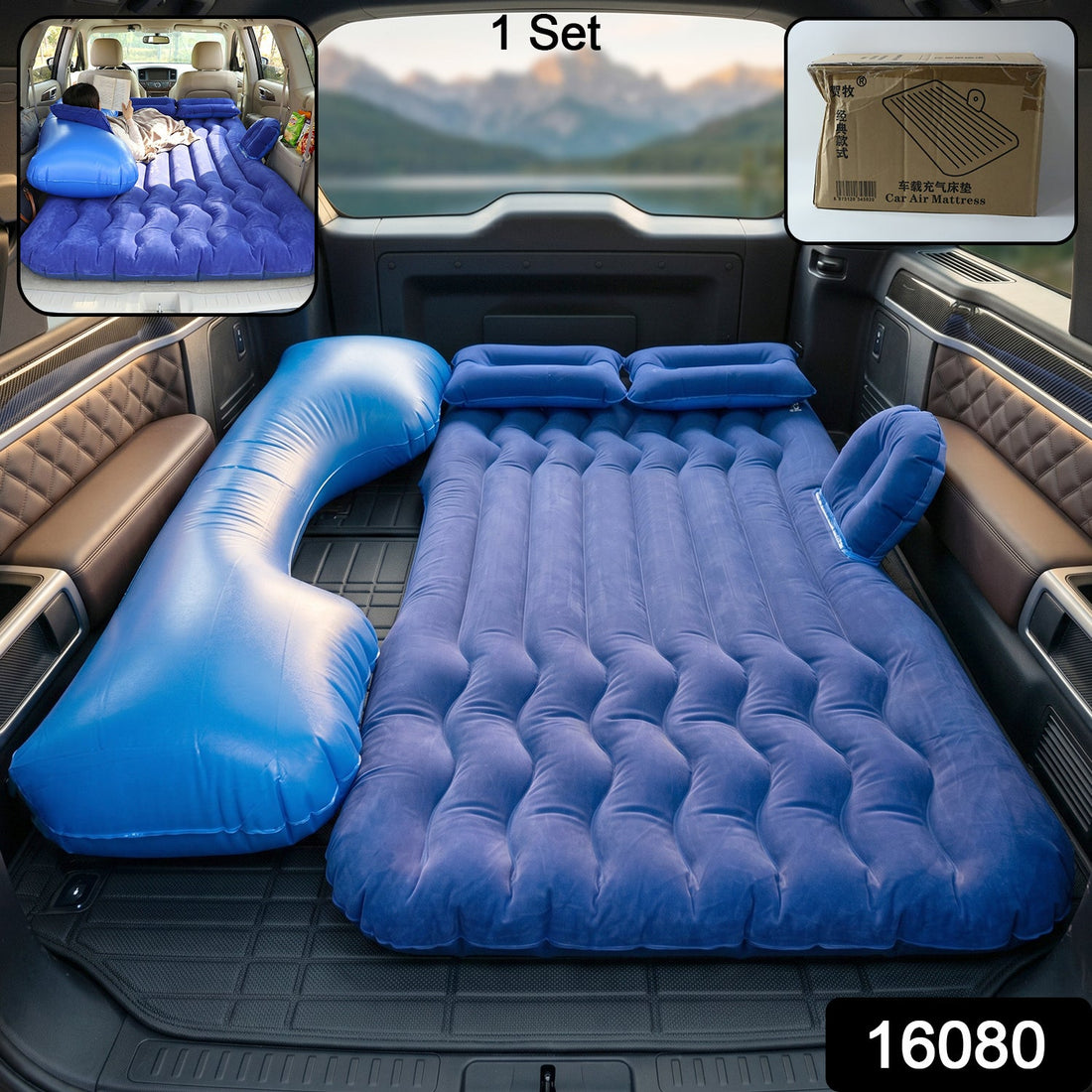 Main view of blue portable car air mattress set in SUV