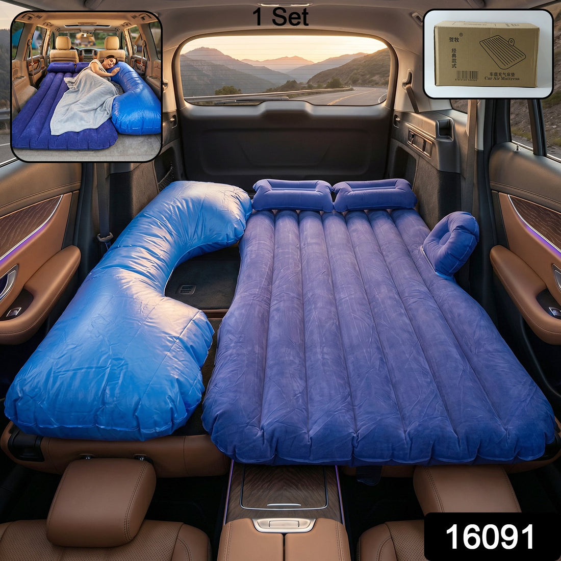 Main view of Portable Car Air Mattress Bed Set in blue showing its setup
