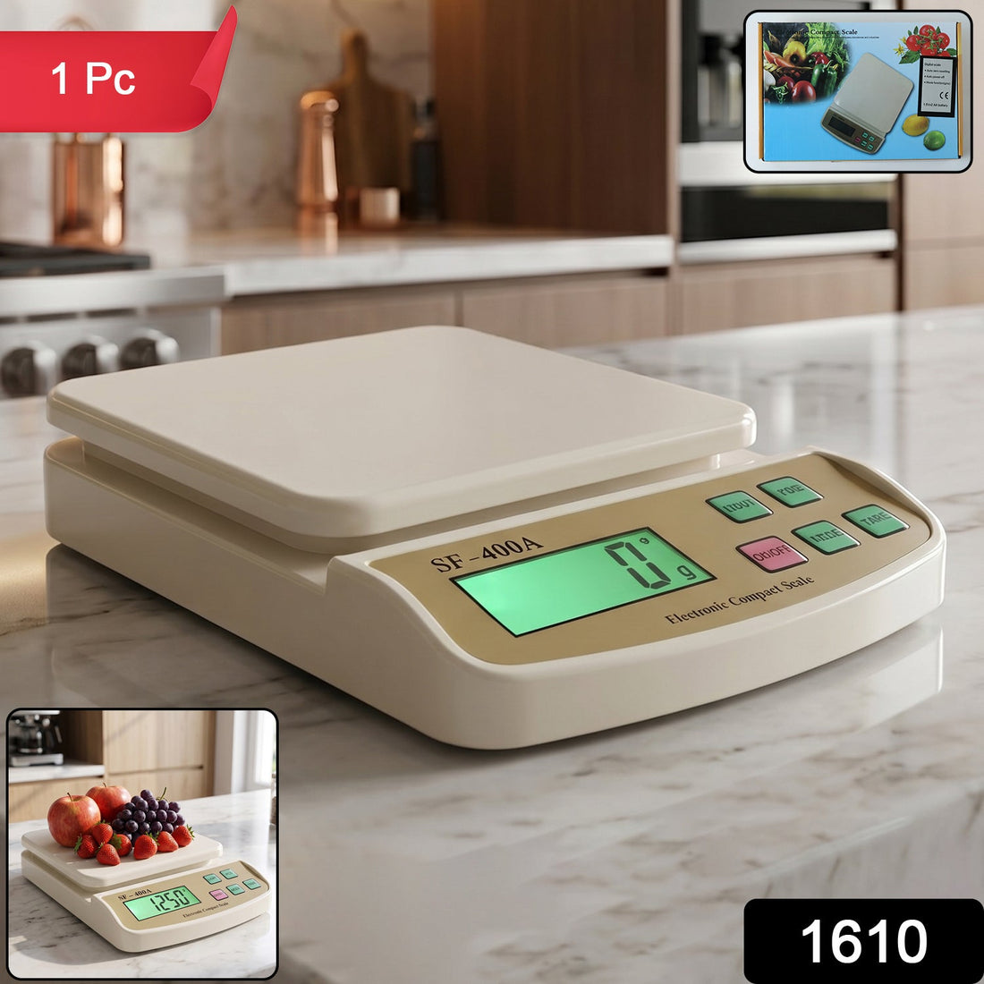 Square digital kitchen scale SF400A on white background