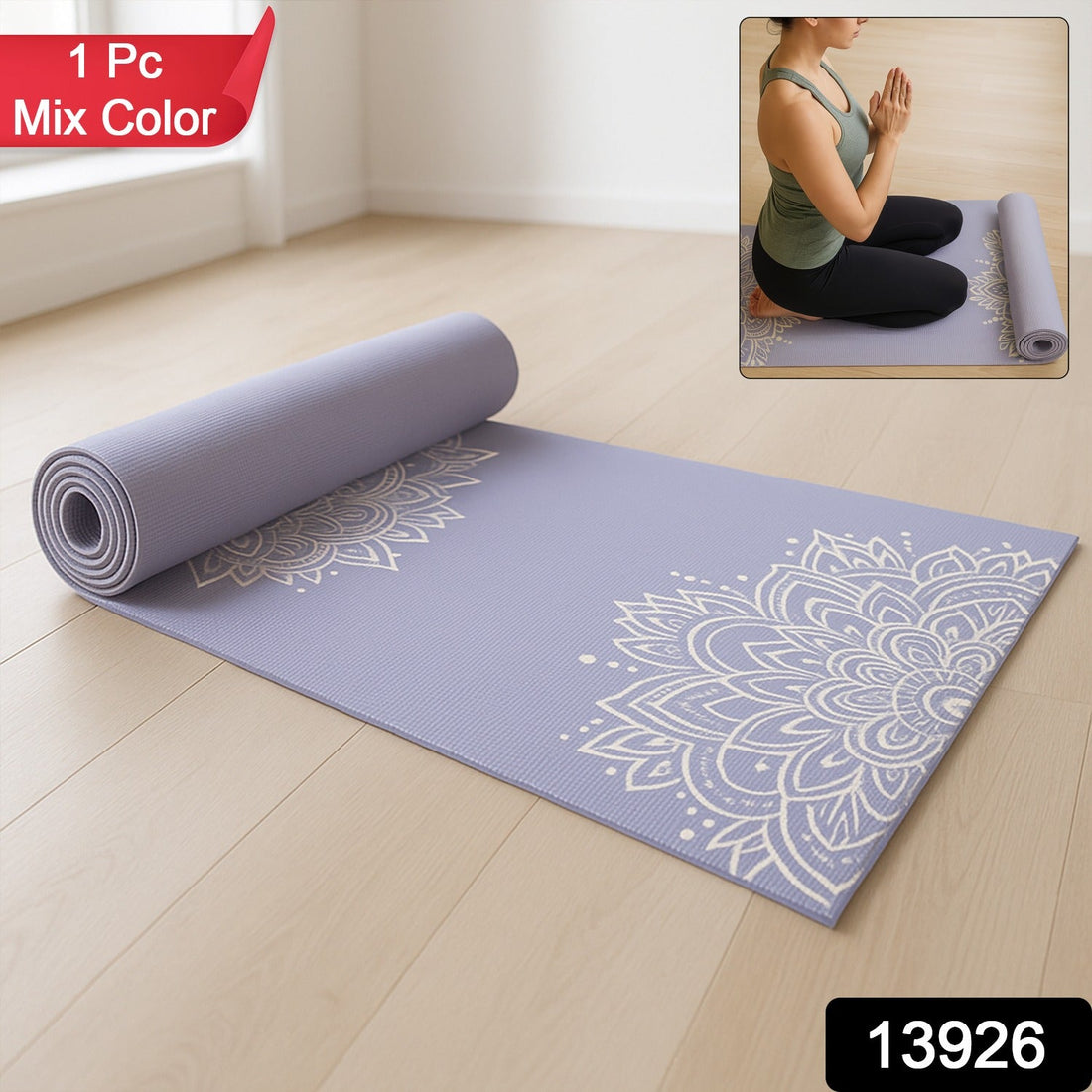 Non-slip printed yoga mat with mandala design rolled out