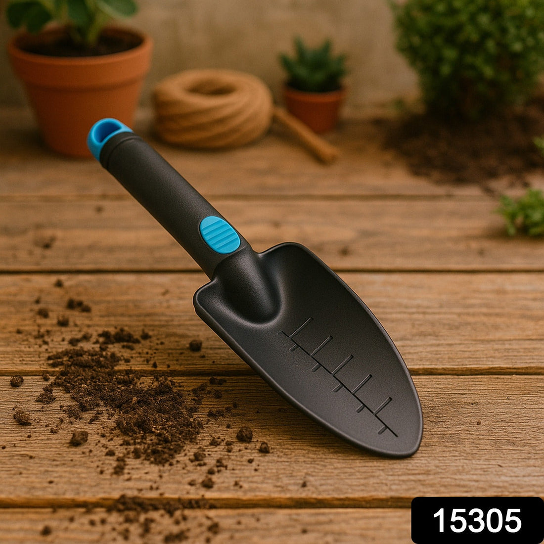 Heavy duty garden hand trowel with plastic blade and measurement marks