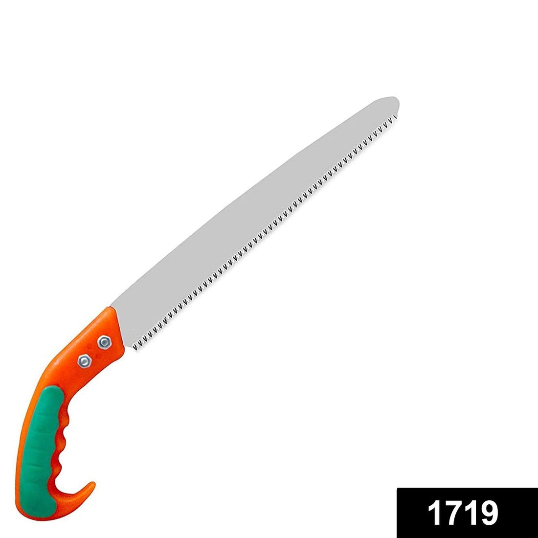 Close-up of the sharp high-carbon steel blade of the tree pruning saw.