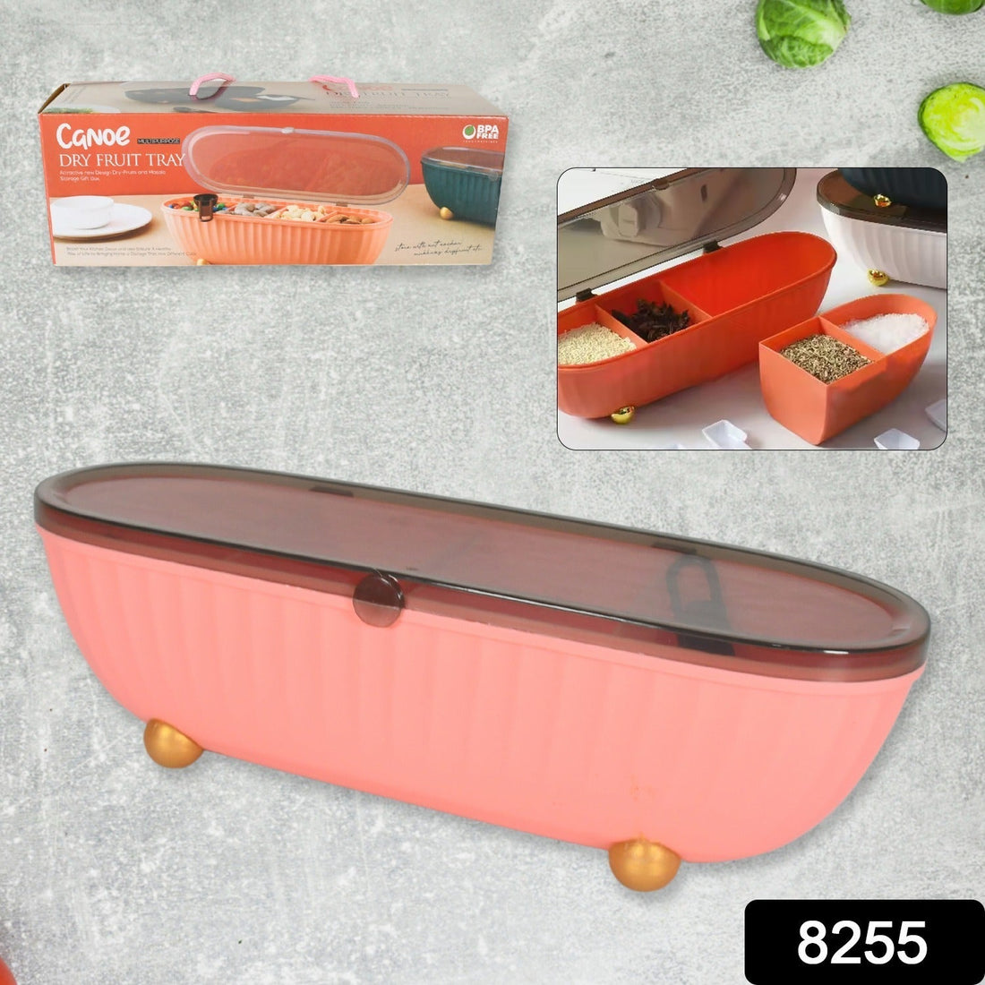 Clear 4-compartment spice box with spoons and lid for kitchen use.