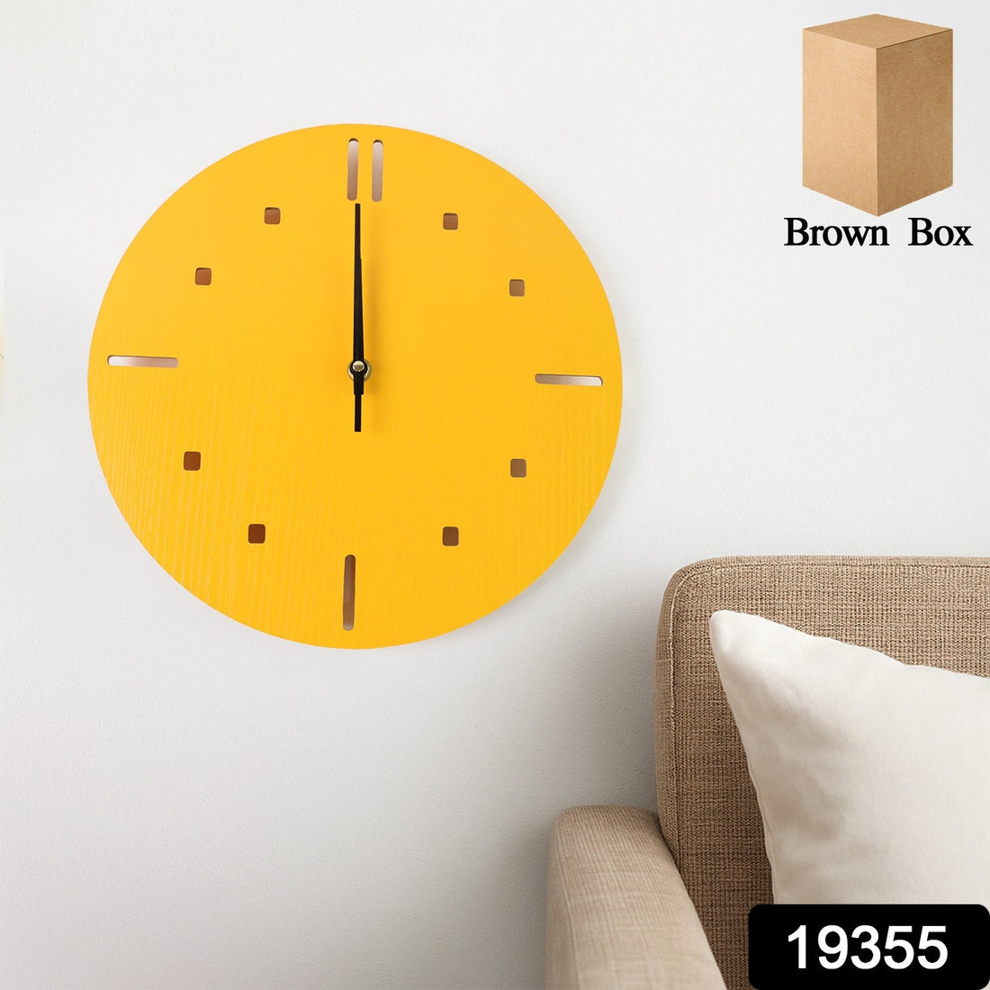 Yellow silent wall clock with modern round design on white background