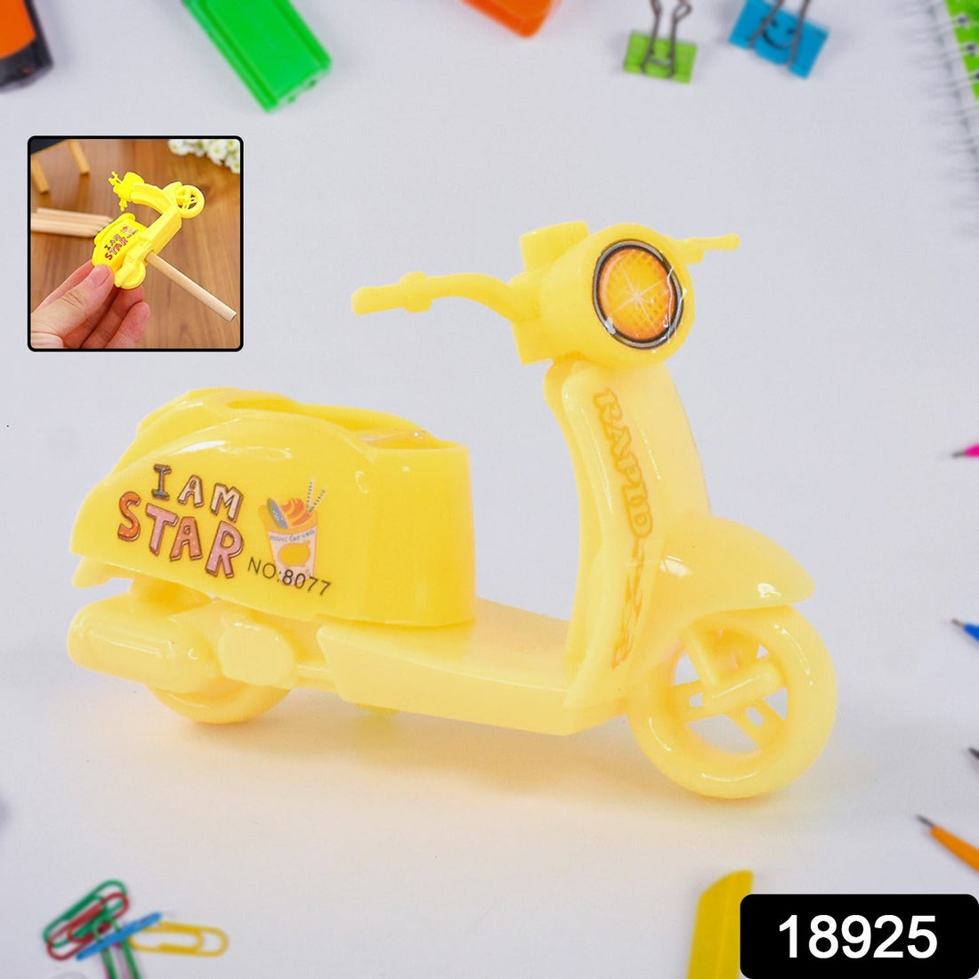 Side view of durable bike shaped pencil sharpener with creative design