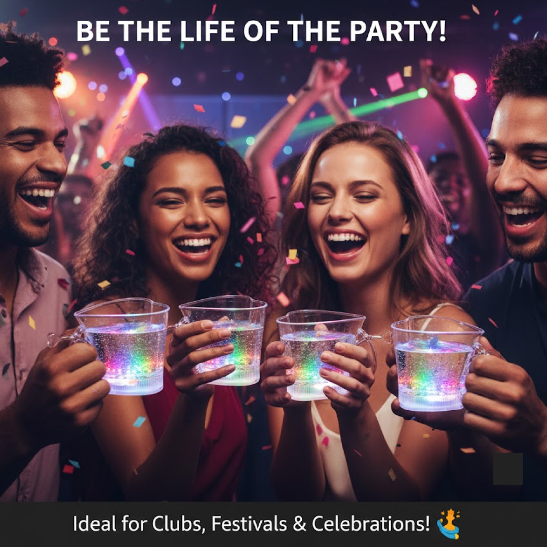 Heart-shaped LED Glass Cup glowing with colorful lights at a party.