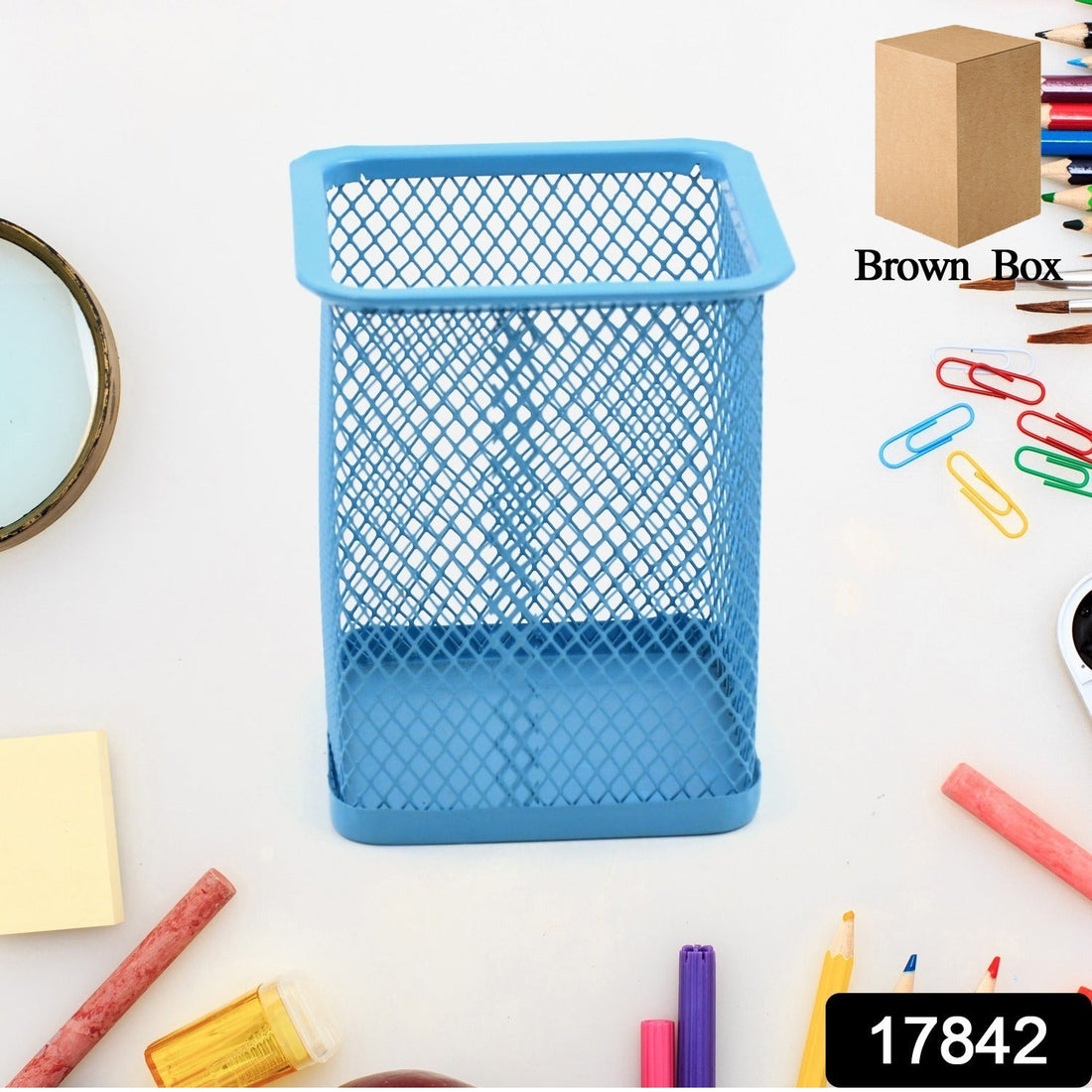 Sleek black metal mesh pen holder for a tidy office desk.