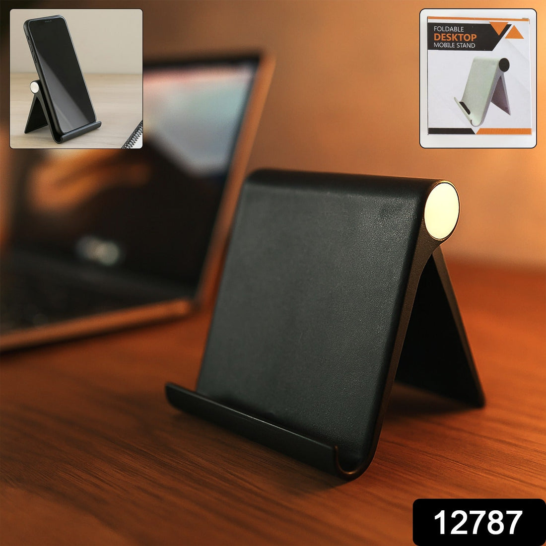 Foldable desktop mobile stand placed on kitchen counter for hands-free phone use
