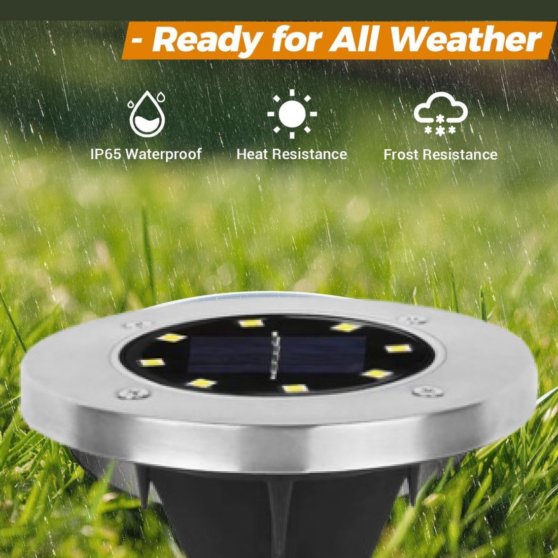 Set of 4 solar powered LED garden lights with stainless steel body and ground spikes