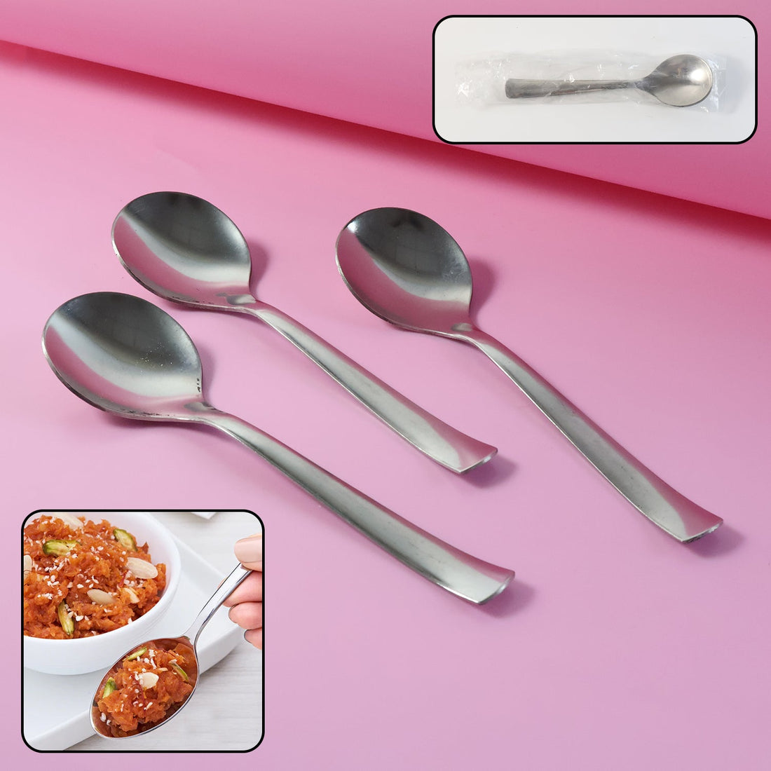 Set of three rust-resistant dining spoons neatly arranged