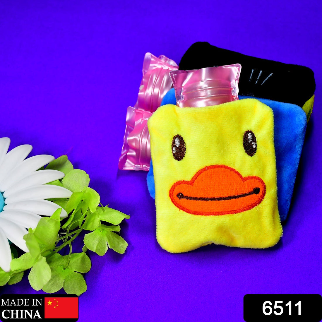 Yellow duck hot water bag with soft cover for pain relief.