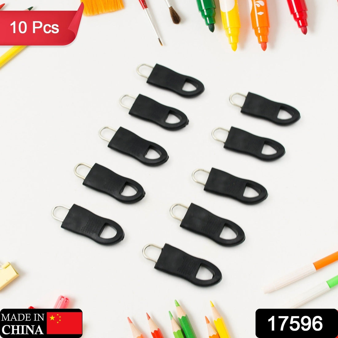 Set of 10 black plastic zipper pull tabs, ideal for luggage repair.