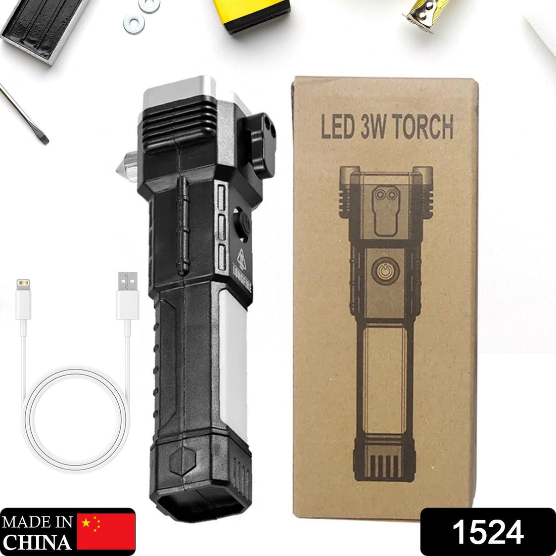 Indo Glow rechargeable LED torch showcasing its emergency hammer and glass cutter.
