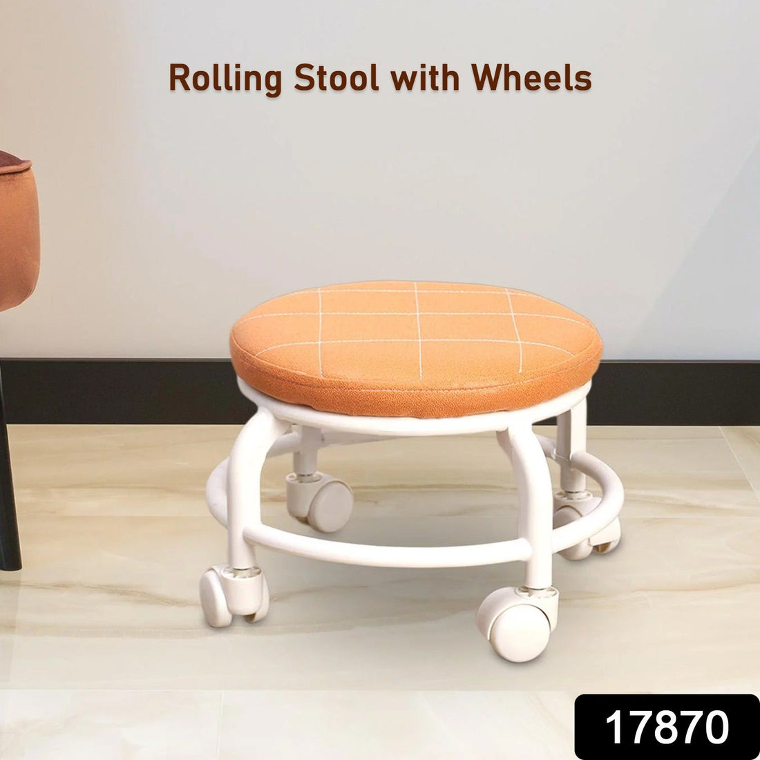 Low height rolling stool in white, designed for easy movement across floors.