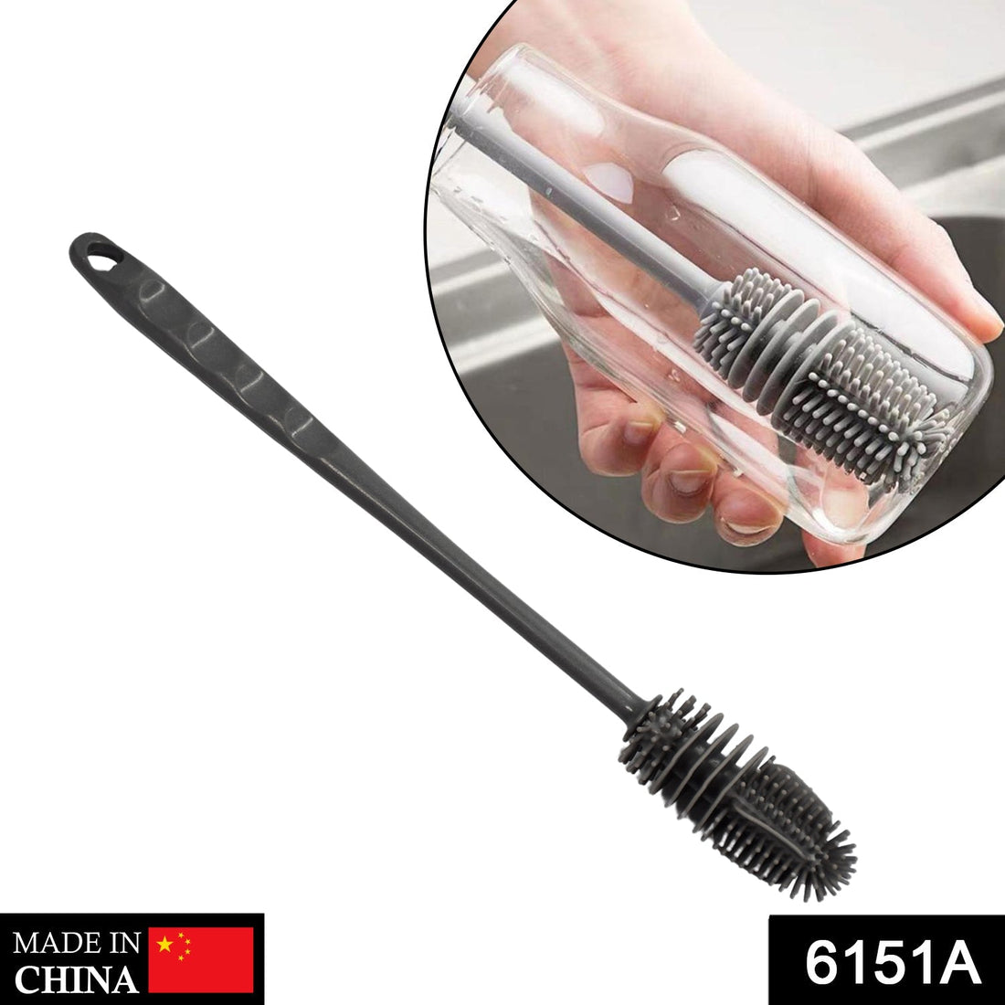 A long-handled bottle cleaning brush with white bristles for deep cleaning.