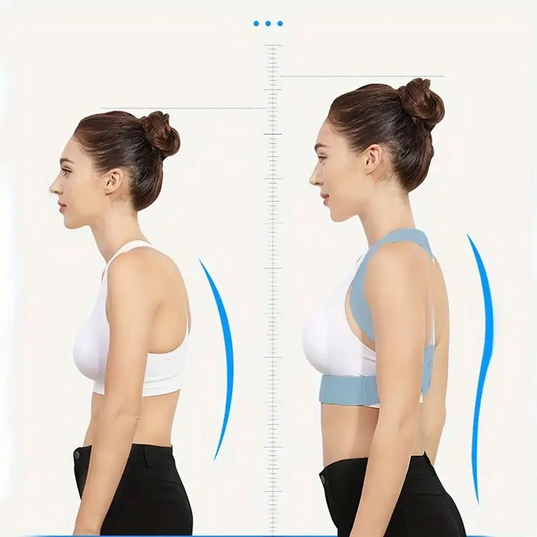 Blue adjustable posture corrector belt supporting back and shoulders