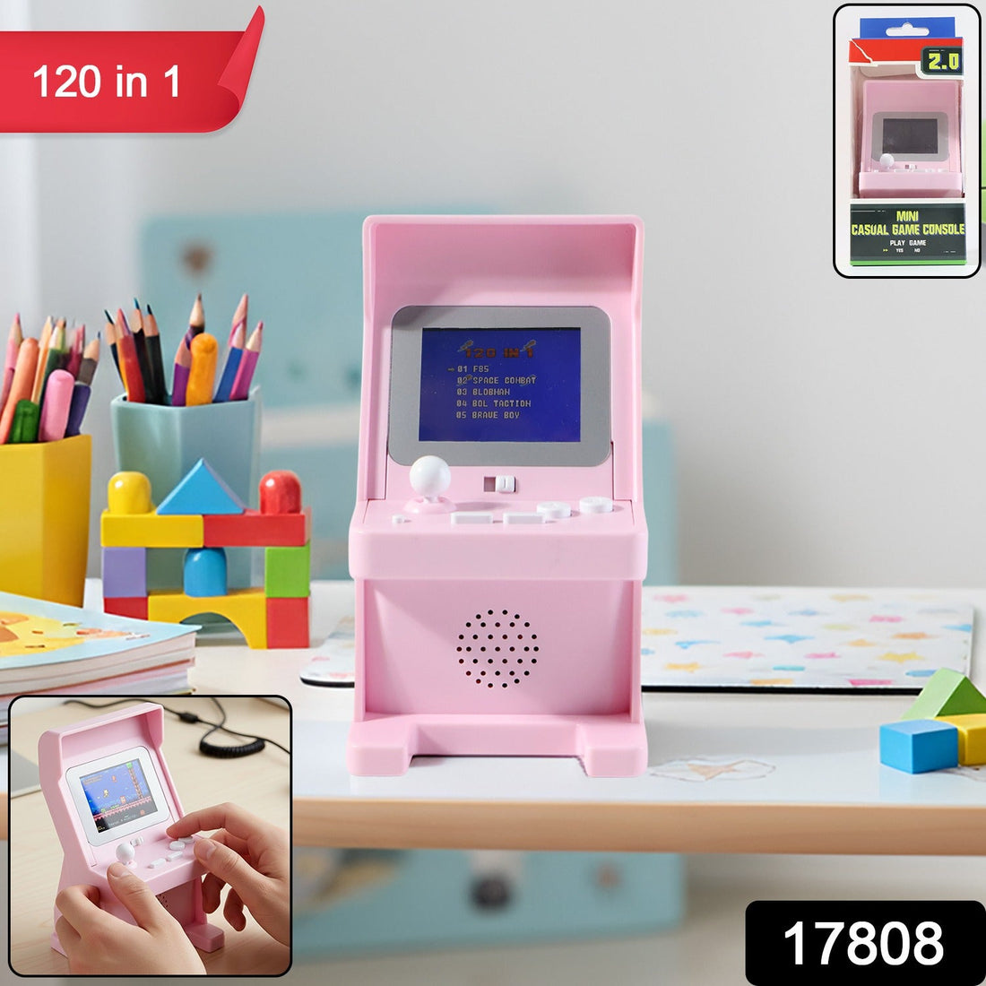 Mini Retro Arcade Console displaying 120 classic games on bright screen