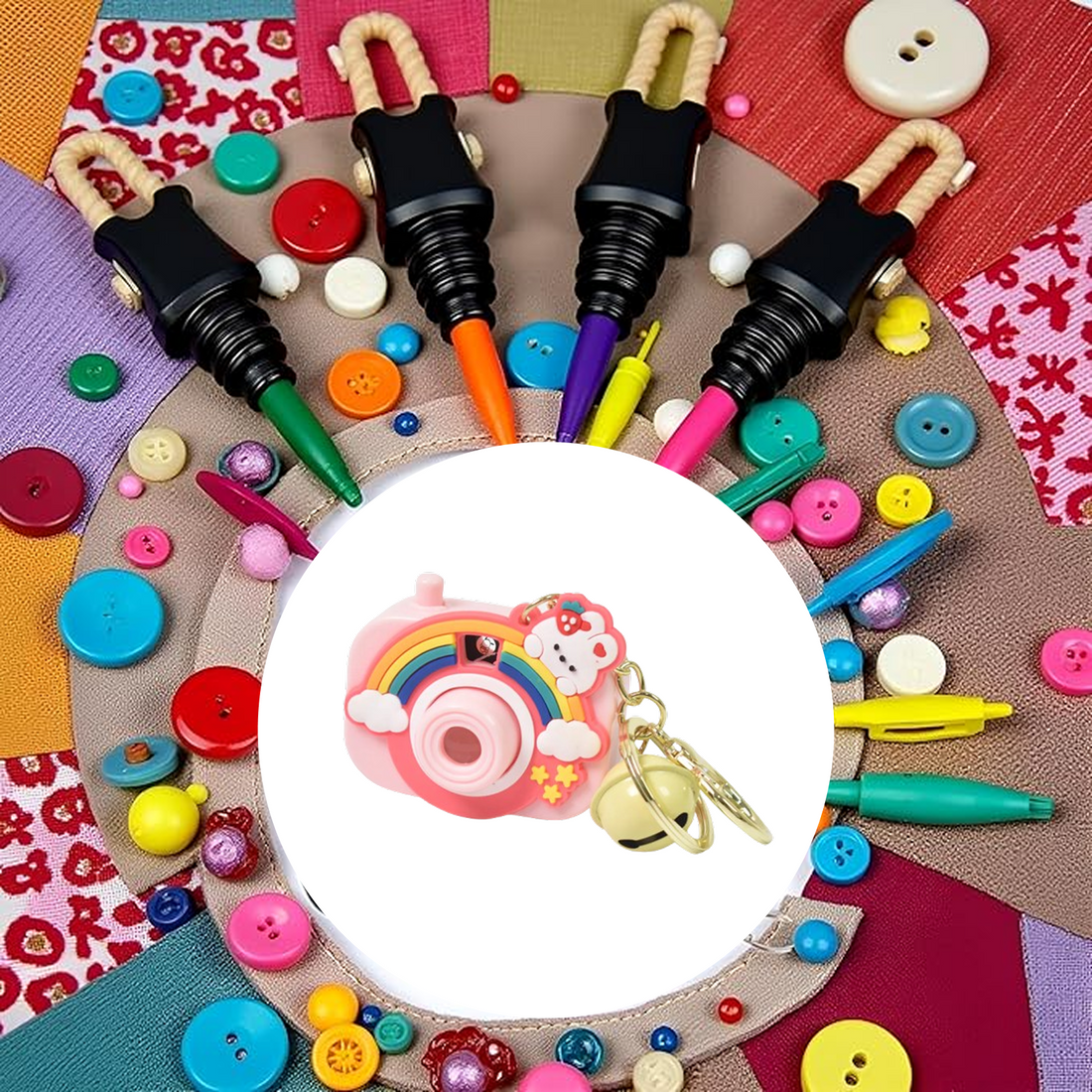 Projective Camera Keychain with zinc alloy ring displayed on white background