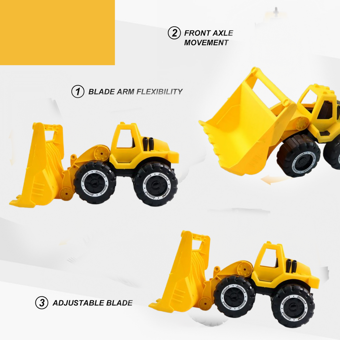 Funwoods friction-powered front loader bulldozer toy on white background