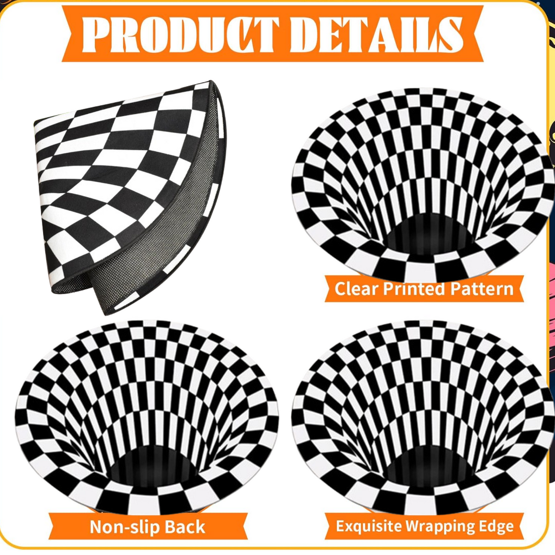 3D space round carpet with checkered vortex optical illusion design