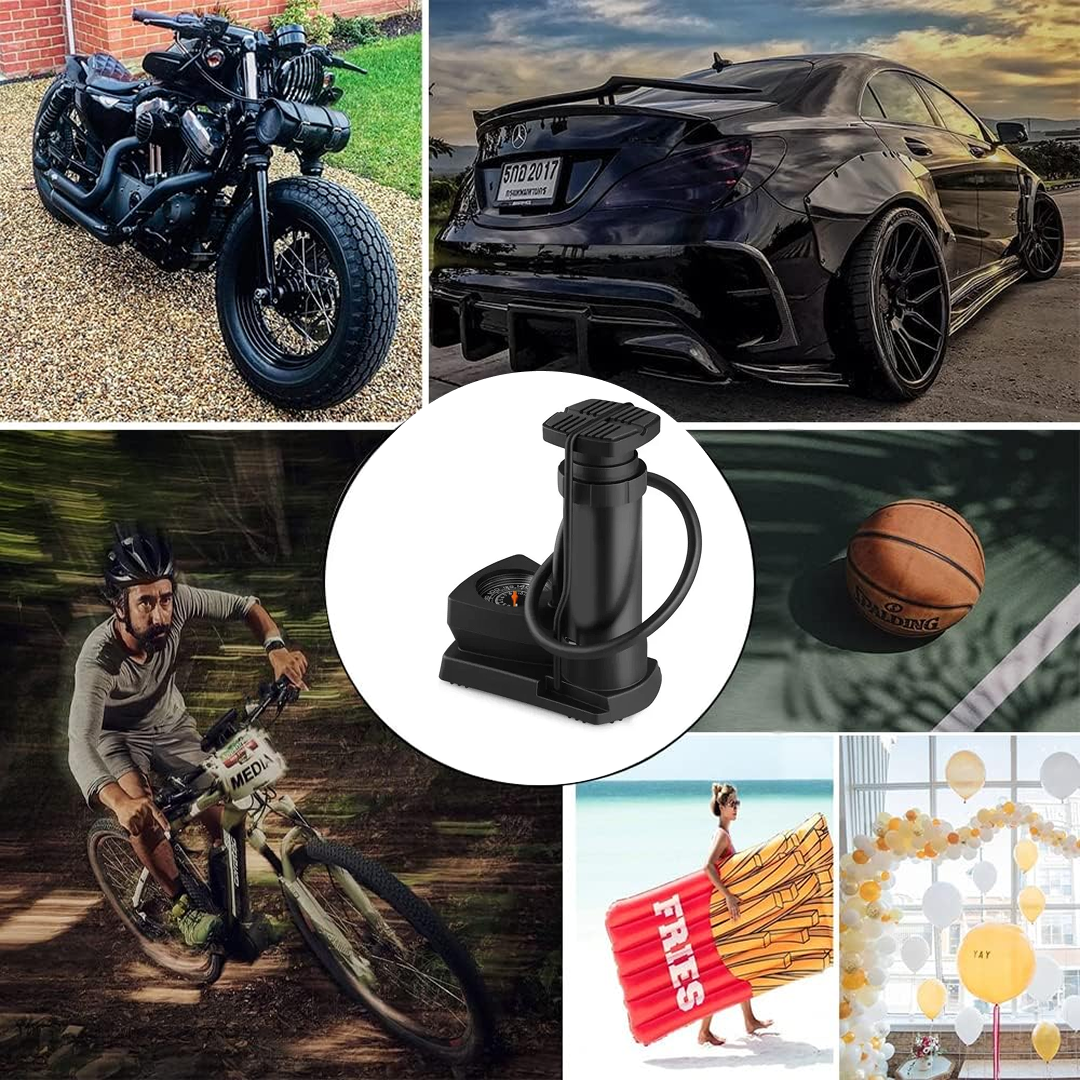 Compact Mini Foot Pump with gauge for bike and car tires.
