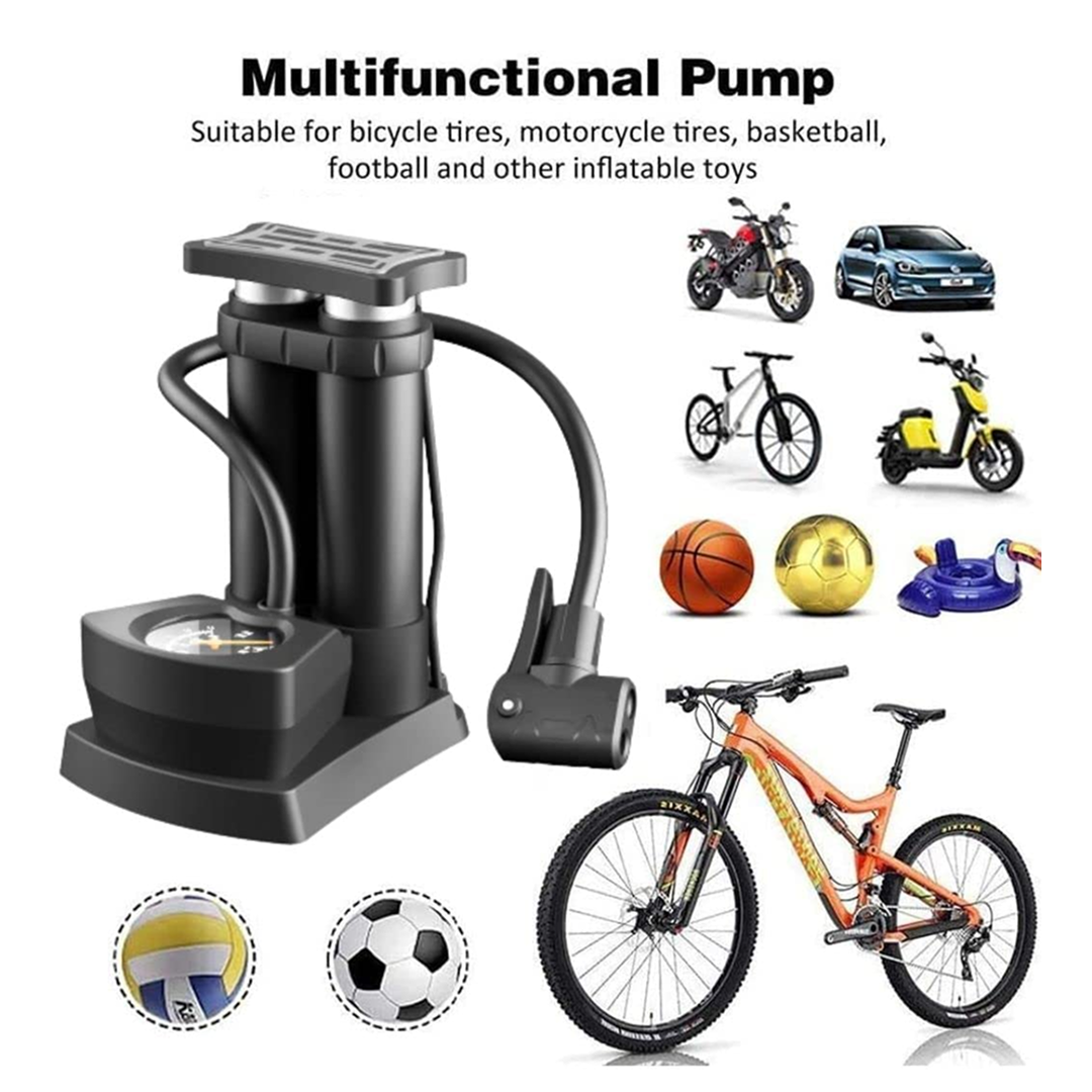 Safora portable mini bike pump with pressure gauge and flexible hose.