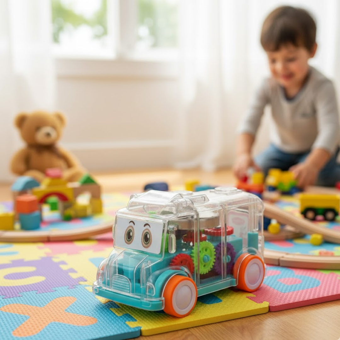A transparent musical school bus toy with visible colorful gears and lights.