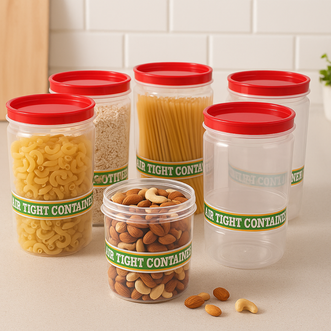 Set of 6 clear air tight kitchen storage containers with green lids.