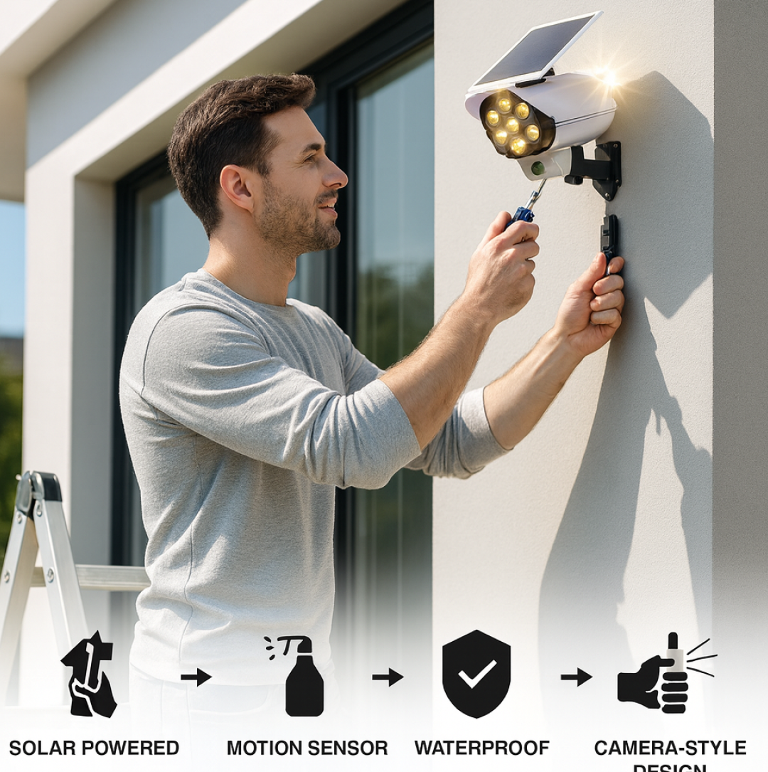 AutoSafeo solar security camera light, motion sensor, on an outdoor wall.