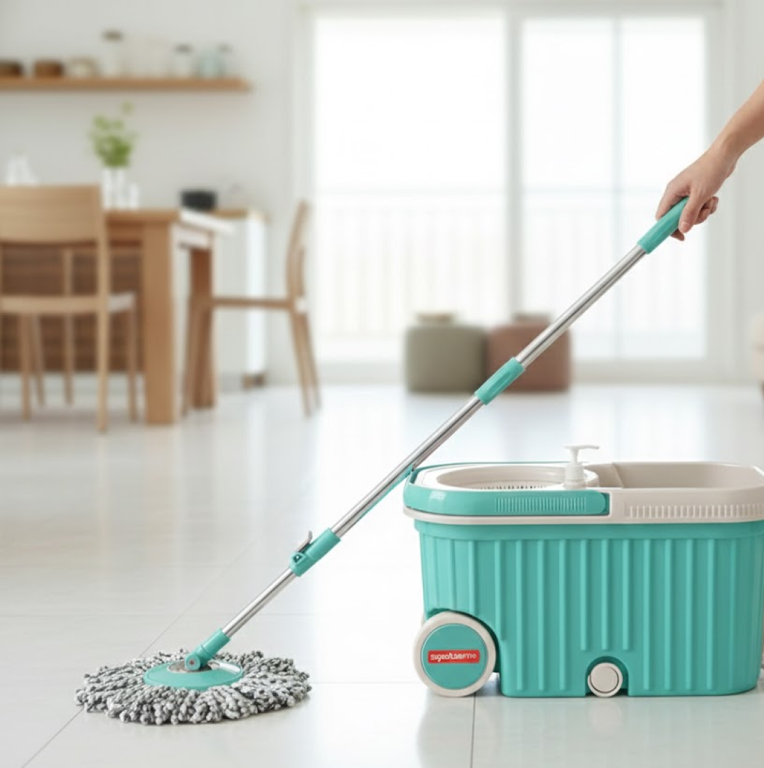 Ganesh 360 Spin Mop with Wheels, showcasing auto-fold handle and microfiber head.
