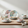 Stackable 32-piece plastic dinner set, optimizing kitchen storage.
