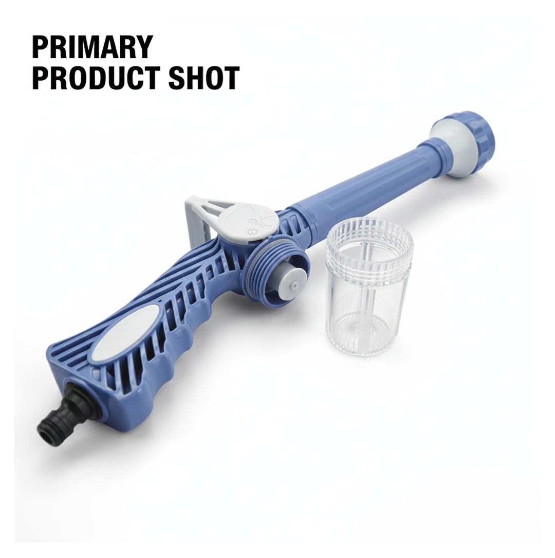 An 8-in-1 turbo water spray gun with soap dispenser for versatile cleaning.